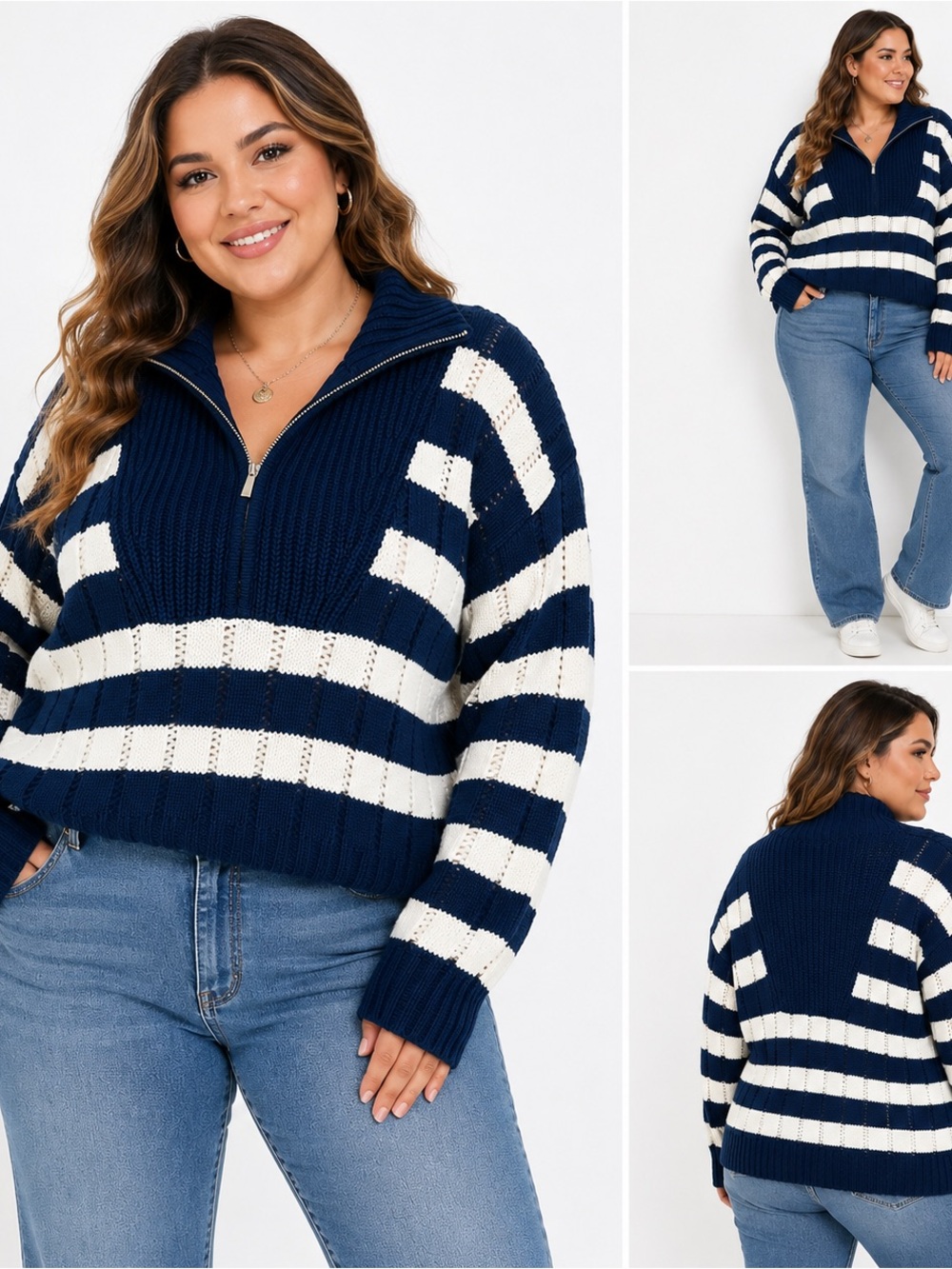Women’s 1X Plus Size Navy & White Striped Quarter-Zip Knit Sweater Chunky knit